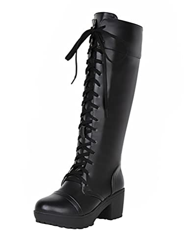 Minetom Damen Biker Stiefel Schnürstiefel Chunky Heel Damenschuhe Stiefel Schnürstiefel Blockabsatz High Heels Plateau Gothic Kniestiefel Punk Kniehohe Stiefel B Schwarz 39 EU von Minetom