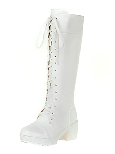 Minetom Damen Biker Stiefel Schnürstiefel Chunky Heel Damenschuhe Stiefel Schnürstiefel Blockabsatz High Heels Plateau Gothic Kniestiefel Punk Kniehohe Stiefel B Weiß 35 EU von Minetom