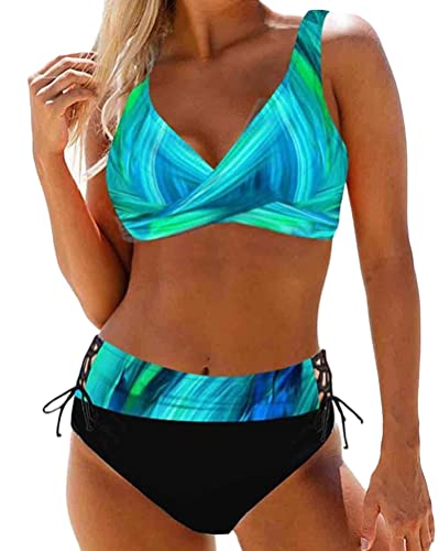 Minetom Damen Bikini Set Push Up Druck Bademode Badebekleidung Sommer Strand Badeanzug Swimwear Zweiteiliger Hohe Taille Swimsuit Bademode Z3 Grün 46 von Minetom