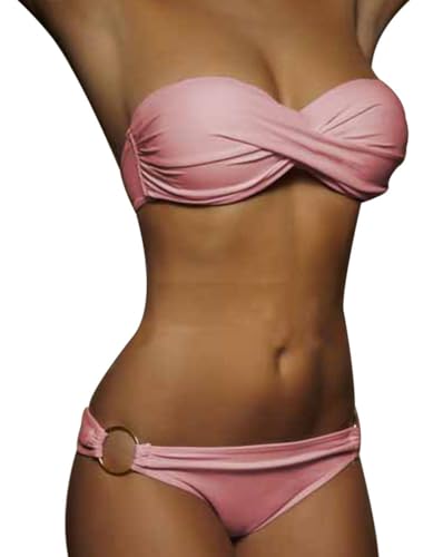 Minetom Damen Bikini Set Schwimmanzug Zweiteiliger Push Up Badeanzug Oberteil mit Bikinihose Bandeau Trägerlos Bademode Swimsuit A Rosa S von Minetom