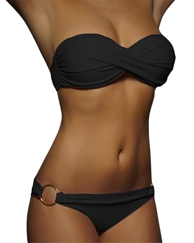 Minetom Damen Bikini Set Schwimmanzug Zweiteiliger Push Up Badeanzug Oberteil mit Bikinihose Bandeau Trägerlos Bademode Swimsuit A Schwarz L von Minetom