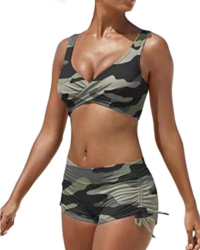 Minetom Damen Bikini Set Zweiteiliger Badeanzug Bademode Push Up Bikini und Hotpants Träger Oberteil Kordelzug Side Bikinihose Shorts A Armeegrün L von Minetom