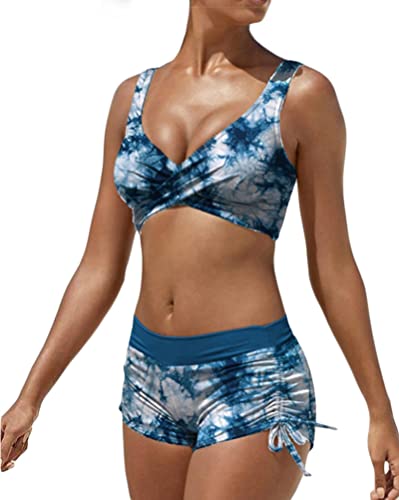 Minetom Damen Bikini Set Zweiteiliger Badeanzug Bademode Push Up Bikini und Hotpants Träger Oberteil Kordelzug Side Bikinihose Shorts A Blau S von Minetom