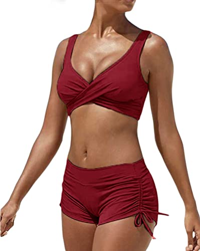 Minetom Damen Bikini Set Zweiteiliger Badeanzug Bademode Push Up Bikini und Hotpants Träger Oberteil Kordelzug Side Bikinihose Shorts A Weinrot L von Minetom