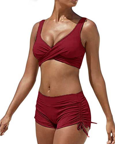 Minetom Damen Bikini Set Zweiteiliger Badeanzug Bademode Push Up Bikini und Hotpants Träger Oberteil Kordelzug Side Bikinihose Shorts A Weinrot M von Minetom