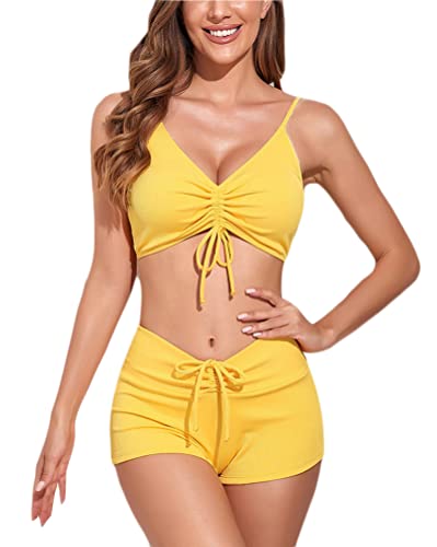 Minetom Damen Bikini Set Zweiteiliger Badeanzug Bademode Push Up Bikini und Hotpants Träger Oberteil Kordelzug Side Bikinihose Shorts B Gelb M von Minetom