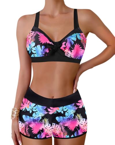 Minetom Damen Bikini Set Zweiteiliger Badeanzug Bademode Push Up Bikinioberteil und Hohe Taille Hotpants Sommer Strand Bikinitop mit Shorts A3 Rose S von Minetom