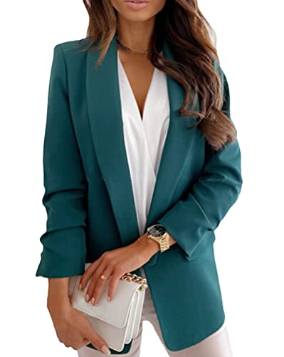 Minetom Damen Blazer Cardigan Dünn Langarm Elegant Leicht Jacke Anzugjacke Slim Fit Vorne Offen Einfarbig Geschäft Büro Anzug Mantel Y2 Grün 46 von Minetom