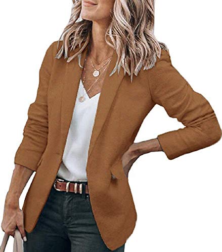 Minetom Damen Blazer Elegant Dünn Langarm Revers Blazerjacke Slim Fit Einfarbig Lässige Vintage Trenchcoat Mantel Geschäft Büro Jacke Longblazer mit Tasche A Braun M von Minetom