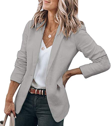 Minetom Damen Blazer Elegant Dünn Langarm Revers Blazerjacke Slim Fit Einfarbig Lässige Vintage Trenchcoat Mantel Geschäft Büro Jacke Longblazer mit Tasche A Grau M von Minetom