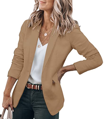 Minetom Damen Blazer Elegant Dünn Langarm Revers Blazerjacke Slim Fit Einfarbig Lässige Vintage Trenchcoat Mantel Geschäft Büro Jacke Longblazer mit Tasche A Khaki L von Minetom