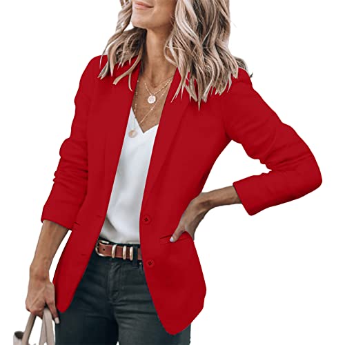 Minetom Damen Blazer Elegant Dünn Langarm Revers Blazerjacke Slim Fit Einfarbig Lässige Vintage Trenchcoat Mantel Geschäft Büro Jacke Longblazer mit Tasche C Rot S von Minetom