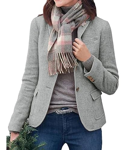 Minetom Damen Blazer Für Frauen Cardigan Freizeit Business Jacke Mit Taschen Deko Knöpfe Vorne Herbst Jacke Damenmantel A Grau M von Minetom