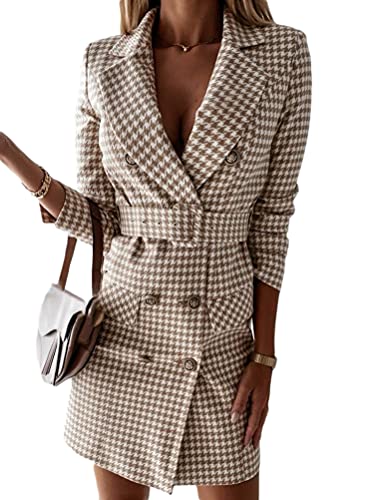 Minetom Damen Blazer Kleid Frauen Elegant Langarm V-Ausschnitt Hemdkleid Business Büro Jacke Knopf Anzug Langer Blazer Minikleid Y1 Khaki 36 von Minetom