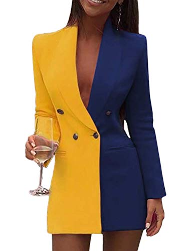 Minetom Damen Blazer Kleid Frauen Langarm V-Ausschnitt Hemdkleid Business Lange Knopf Anzug Spleißen Minikleider Gelb 42 von Minetom