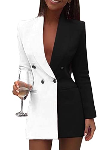 Minetom Damen Blazer Kleid Langarm V-Ausschnitt Hemdkleid Business Lange Knopf Anzug Spleißen Minikleider Schwarz 40 von Minetom