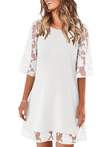 Minetom Damen Blume 3/4 Ärmel Kleid Für Frauen Rundhals Shift Niedliche Sommer Tunika Floral Chiffonkleid Hochzeit Festlich Coctailkleid A Weiß M von Minetom