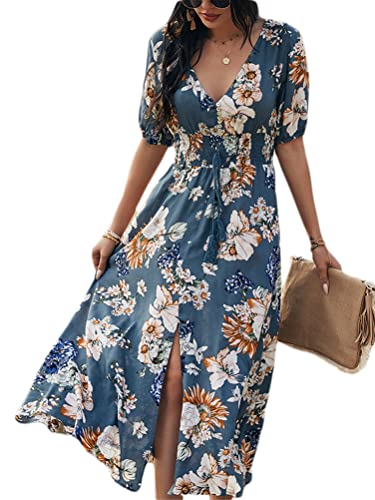 Minetom Damen Blumen Lange Kleid Chiffon Rüschen Kurzarm V-Ausschnitt Elegant Strandkleider Sommerkleider mit Gürtel B Blau M von Minetom