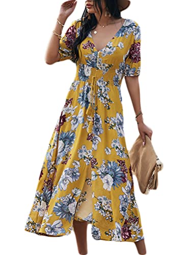 Minetom Damen Blumen Lange Kleid Chiffon Rüschen Kurzarm V-Ausschnitt Elegant Strandkleider Sommerkleider mit Gürtel B Gelb M von Minetom