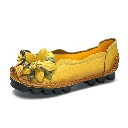 Minetom Damen Blumen Mokassins Atmungsaktiv Leder Bootsschuhe Freizeit Loafers Flache Fahren Halbschuhe Schuhe Gelb 41 EU von Minetom