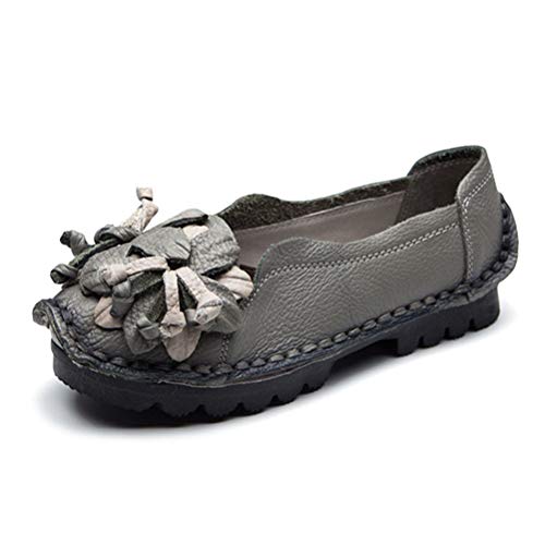 Minetom Damen Blumen Mokassins Atmungsaktiv Leder Bootsschuhe Freizeit Loafers Flache Fahren Halbschuhe Schuhe Grau 39 EU von Minetom