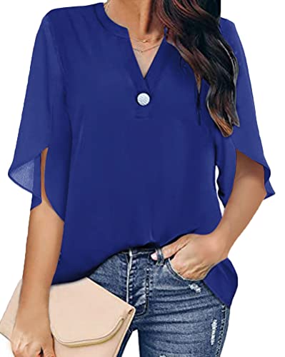 Minetom Damen Bluse Casual Hemd V-Ausschnitt Oberteil Sommer T-Shirt Elegant 3/4 Ärmel Chiffon Tunika Lose Tops Y1 Blau 48 von Minetom