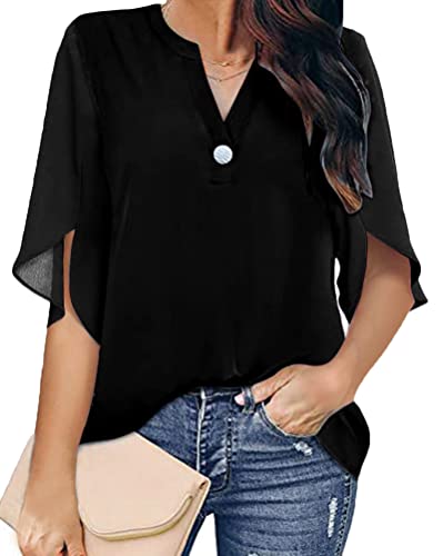 Minetom Damen Bluse Casual Hemd V-Ausschnitt Oberteil Sommer T-Shirt Elegant 3/4 Ärmel Chiffon Tunika Lose Tops Y1 Schwarz 44 von Minetom