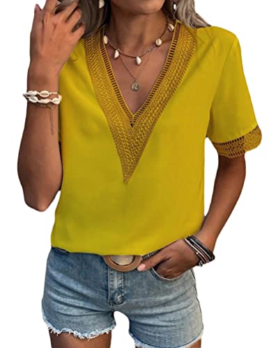 Minetom Damen Bluse Casual Hemd V-Ausschnitt Oberteil Sommer T-Shirt Elegant Kurzarm Chiffon Tunika Lose Tops Y3 Gelb 38 von Minetom