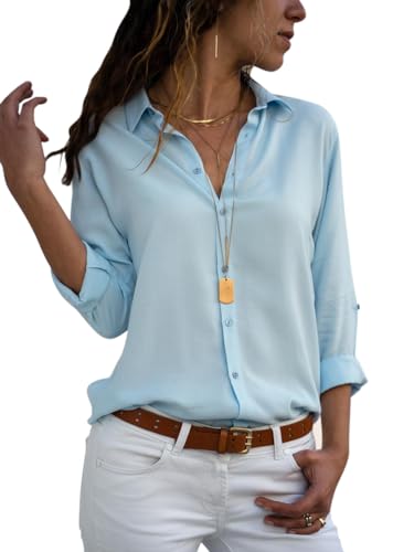 Minetom Damen Bluse Chiffon Elegant Langarm Oberteile Einfarbig V-Ausschnitt Hemdbluse Casual Hemd Lose Asymmetrisch T-Shirt Top Hellblau DE 42 Minetom Damen Bluse Chiffon Elegant Langarm Oberteile Einfarbig V-Ausschnitt Hemdbluse Casual Hemd Lose Asymmetrisch T-Shirt Top Hellblau DE 42 von Minetom