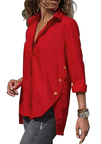 Minetom Damen Bluse Elegant Langarm Oberteile Einfarbig V-Ausschnitt Hemdbluse Asymmetrisch Knopf Chiffon T-Shirt Tops Rot DE 42 von Minetom