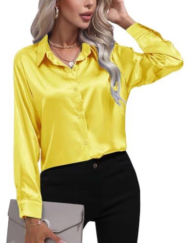 Minetom Damen Bluse Satin V-Ausschnitt Hemden Elegant Langarm Business Oberteile mit Knöpfen Tunika Tops Langarmshirt Hemdbluse Büro Arbeit Shirts A Gelb M von Minetom