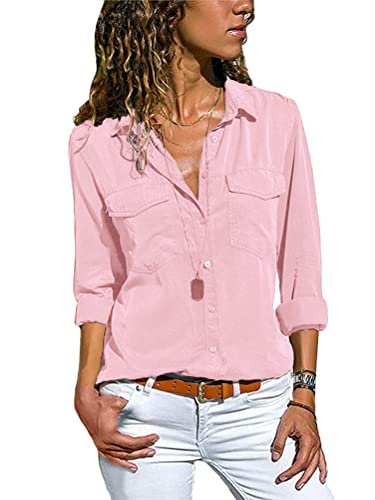Minetom Damen Bluse V-Ausschnitt Langarm Oberteile Hemd Langarmshirt Tops Einfarbig Blusen Damenbluse Hemdbluse Shirtbluse C Hellrosa 34 von Minetom