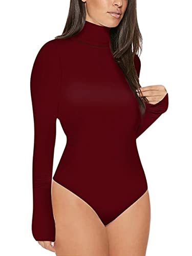 Minetom Damen Body Langarm Top Elegant Rollkragen Elastisch Bodysuit Bodycon Overall Club Party Oberteil Shirt Jumpsuit A Weinrot M von Minetom