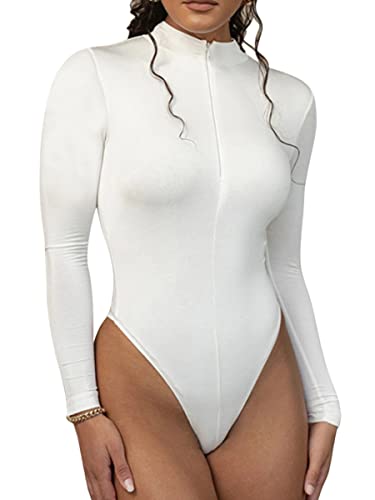 Minetom Damen Bodysuit Stretch Langarm Top Reißverschluss Body Bodycon Overall Club Party Oberteil Shirt Jumpsuit C Weiß L von Minetom