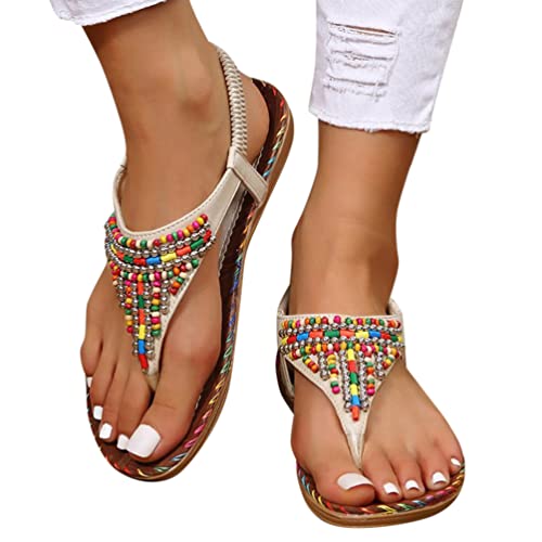 Minetom Damen Böhmen Flache Sandalen Boho Clip Toe Flip Flop Zehentrenner Schuhe Mädchen Sommerschuhe Strandschuhe Pantoletten Hausschuhe A Beige 38 EU von Minetom