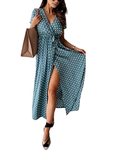 Minetom Damen Boho Lange Kleider V-Ausschnitt Sommerkleider Kurzarm Wickelkleid Maxikleid Vintage Strandkleid mit Schlitz Blau 3XL von Minetom