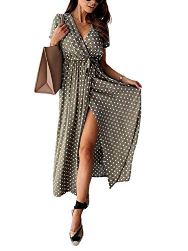 Minetom Damen Boho Lange Kleider V-Ausschnitt Sommerkleider Kurzarm Wickelkleid Maxikleid Vintage Strandkleid mit Schlitz Grün L von Minetom