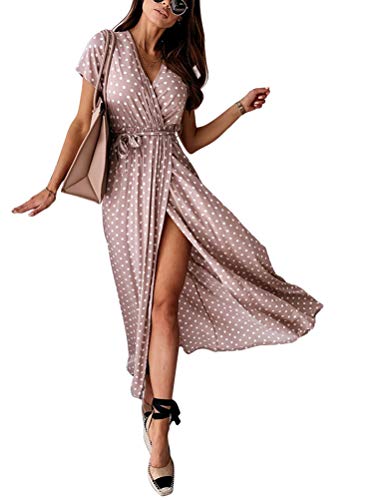 Minetom Damen Boho Lange Kleider V-Ausschnitt Sommerkleider Kurzarm Wickelkleid Maxikleid Vintage Strandkleid mit Schlitz Rosa M von Minetom