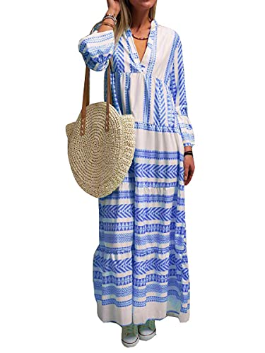 Minetom Damen Boho Maxikleid V-Ausschnitt Strandkleid Freizeit Sommer oder Herbstkleid Hippie Kleid Böhmen Langes Kleid Plus Size Blau L von Minetom