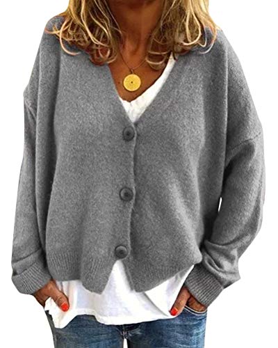 Minetom Damen Bolero Kurze Strickjacke Langarm Cardigan Elegante Jacke V Ausschnitt Pullover Stricken Strickweste mit Knopf (Grau, 38) von Minetom