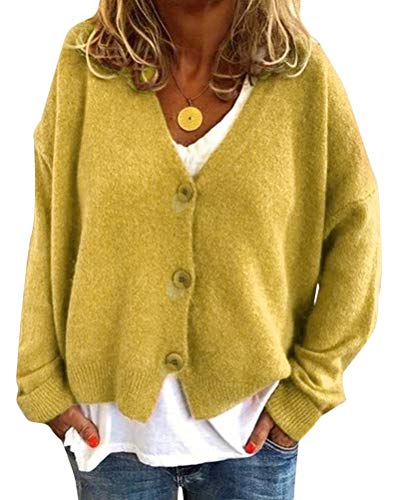 Minetom Damen Bolero Kurze Strickjacke Langarm Cardigan Elegante Jacke V Ausschnitt Pullover Stricken Strickweste mit Knopf Gelb 38 von Minetom