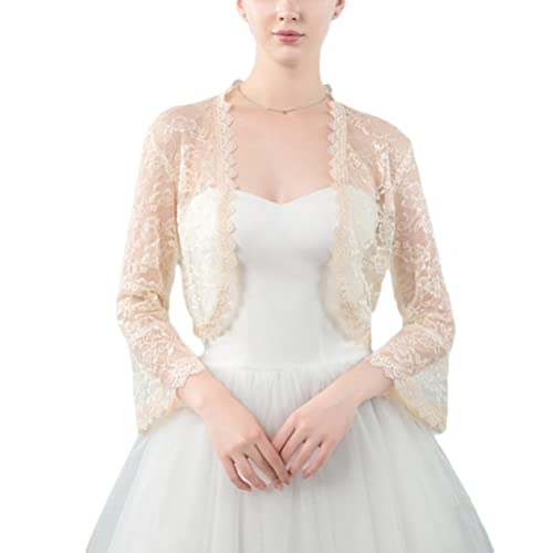 Minetom Damen Bolero Spitzen Jacke Festlich Kurz Cardigan Kurzarm Langarm Belerojacke Für Hochzeit Cocktailkleid B Beige Einheitsgröße von Minetom