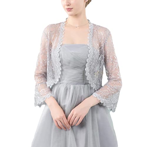 Minetom Damen Bolero Spitzen Jacke Festlich Kurz Cardigan Kurzarm Langarm Belerojacke Für Hochzeit Cocktailkleid B Grau Einheitsgröße von Minetom