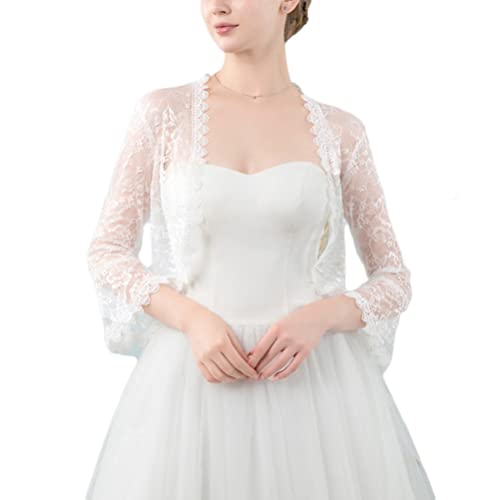 Minetom Damen Bolero Spitzen Jacke Festlich Kurz Cardigan Kurzarm Langarm Belerojacke Für Hochzeit Cocktailkleid B Weiß Einheitsgröße von Minetom