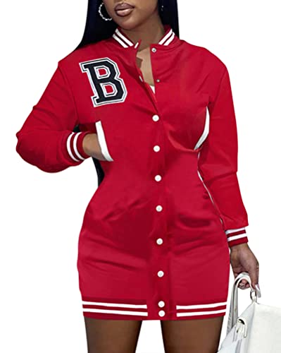 Minetom Damen Bomber Kleid College Bedruckte Jacke 90S Vintage Racing Kleider Lange Sweat Jacket Baseball Minikleider Streetwear A Rot XL von Minetom