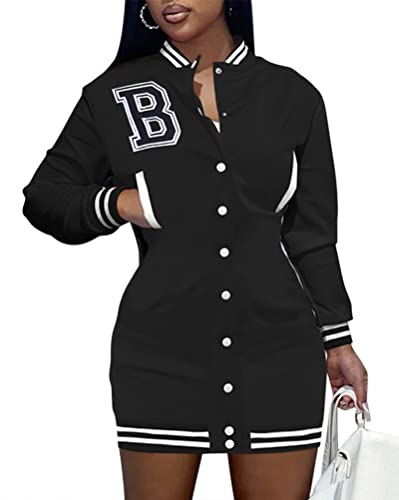 Minetom Damen Bomber Kleid College Bedruckte Jacke 90S Vintage Racing Kleider Lange Sweat Jacket Baseball Minikleider Streetwear A Schwarz M von Minetom