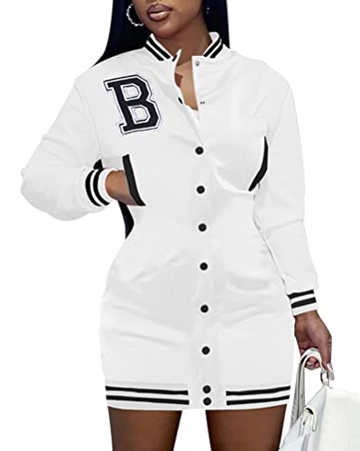 Minetom Damen Bomber Kleid College Bedruckte Jacke 90S Vintage Racing Kleider Lange Sweat Jacket Baseball Minikleider Streetwear A Weiß L von Minetom