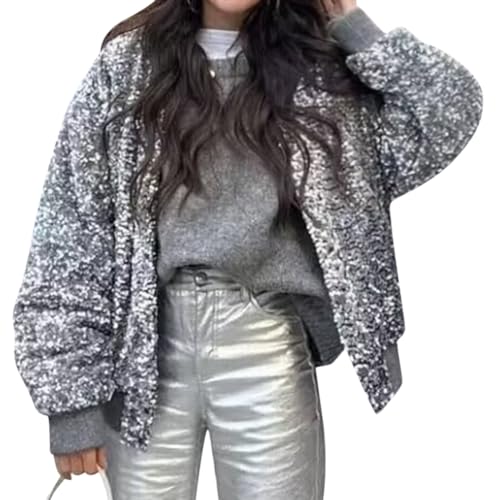 Minetom Damen Bomberjacke College Patchwork Glitzer Jacke Vintage Pailletten Reißverschluss Langarm Sweat Jacket Baseball Jacke Outwear Mit Taschen Übergangsjacke C Silber L Minetom Damen Bomberjacke College Patchwork Glitzer Jacke Vintage Pailletten Reißverschluss Langarm Sweat Jacket Baseball Jacke Outwear Mit Taschen Übergangsjacke C Silber L von Minetom