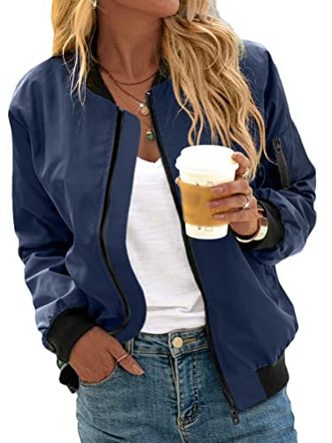 Minetom Damen Bomberjacke Ladies Light Bomber Jacket Leichte Fliegerjacke Blouson Reißverschluss Pilotenjacke Kurzjacke Damenjacke Herbst Frühling College Jacke A Blau XL von Minetom