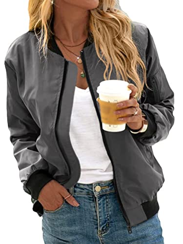 Minetom Damen Bomberjacke Ladies Light Bomber Jacket Leichte Fliegerjacke Blouson Reißverschluss Pilotenjacke Kurzjacke Damenjacke Herbst Frühling College Jacke A Grau S von Minetom